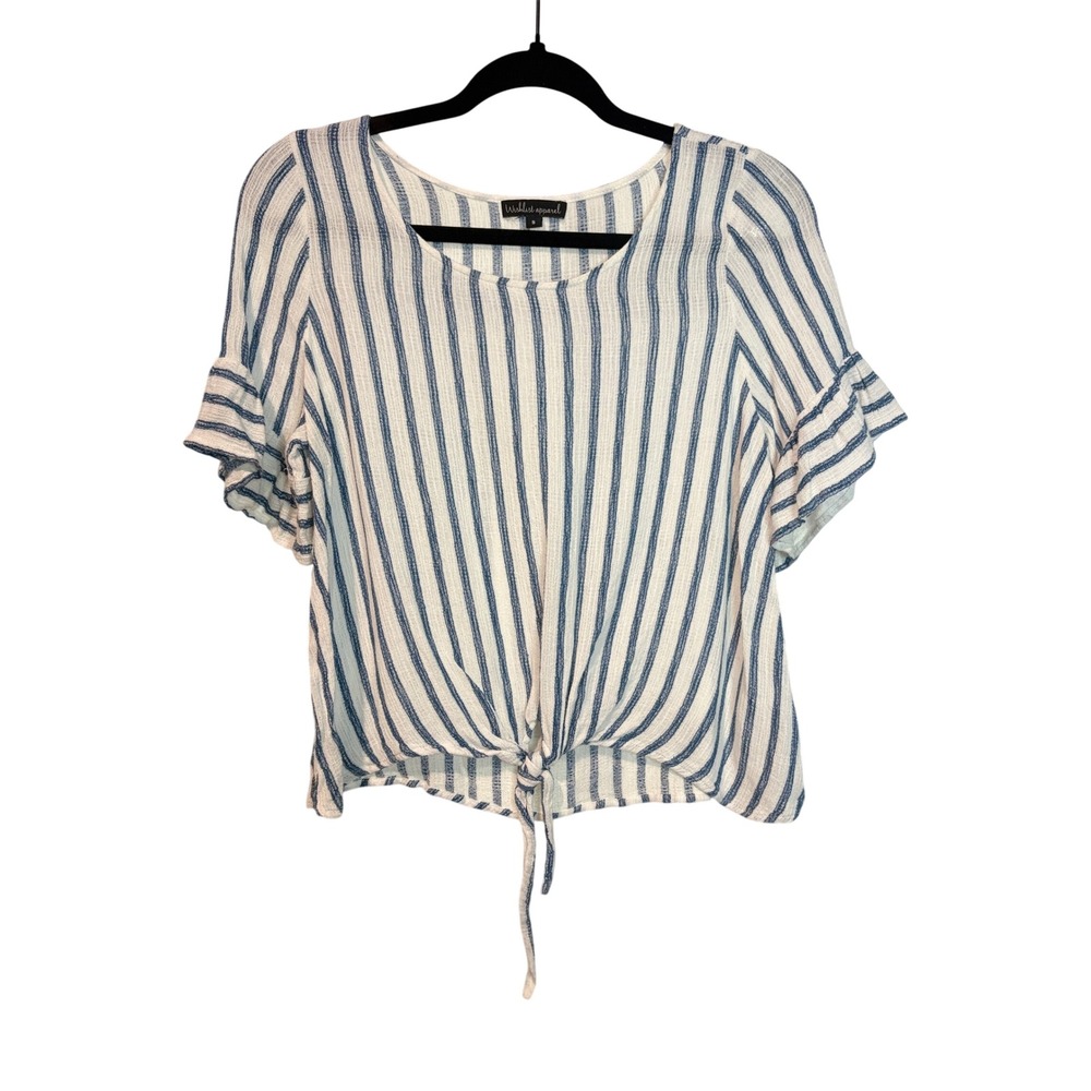 Wishlist Apparel Striped Tie Front Blouse‎ Blue White Ruffle Sleeve Size S
